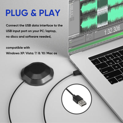 USB Conference Microphone 360 Omnidirectional Condenser Computer PC Mic with Touch Mute Plug &Play Compatible with Windows MacOS