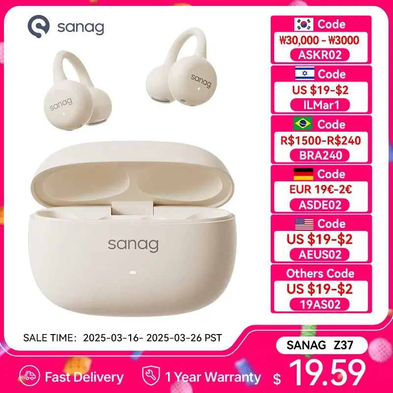 Sanag Z37 Ear Clip Earphones Bluetooth 5.4 Air Conduction Open Ear Earbud Wireless Bluetooth Headphones 3.3g IPX4 40H Playback