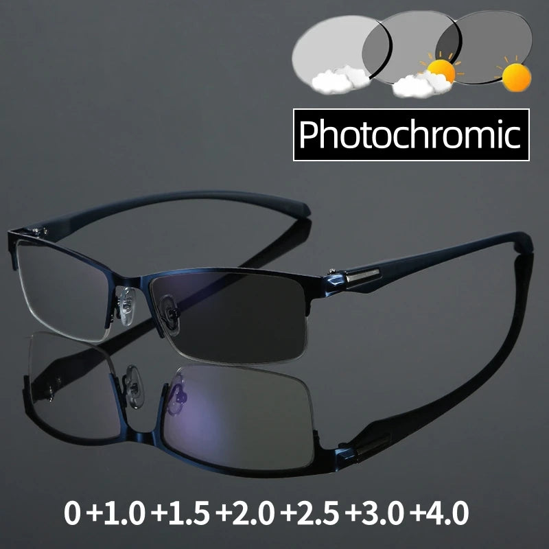 Smart Photochromic Reading Glasses for Men Trendy Presbyopia Sunglasses 2 in 1 Unisex Farsighted Eyewear Prescription +1.0 +1.5